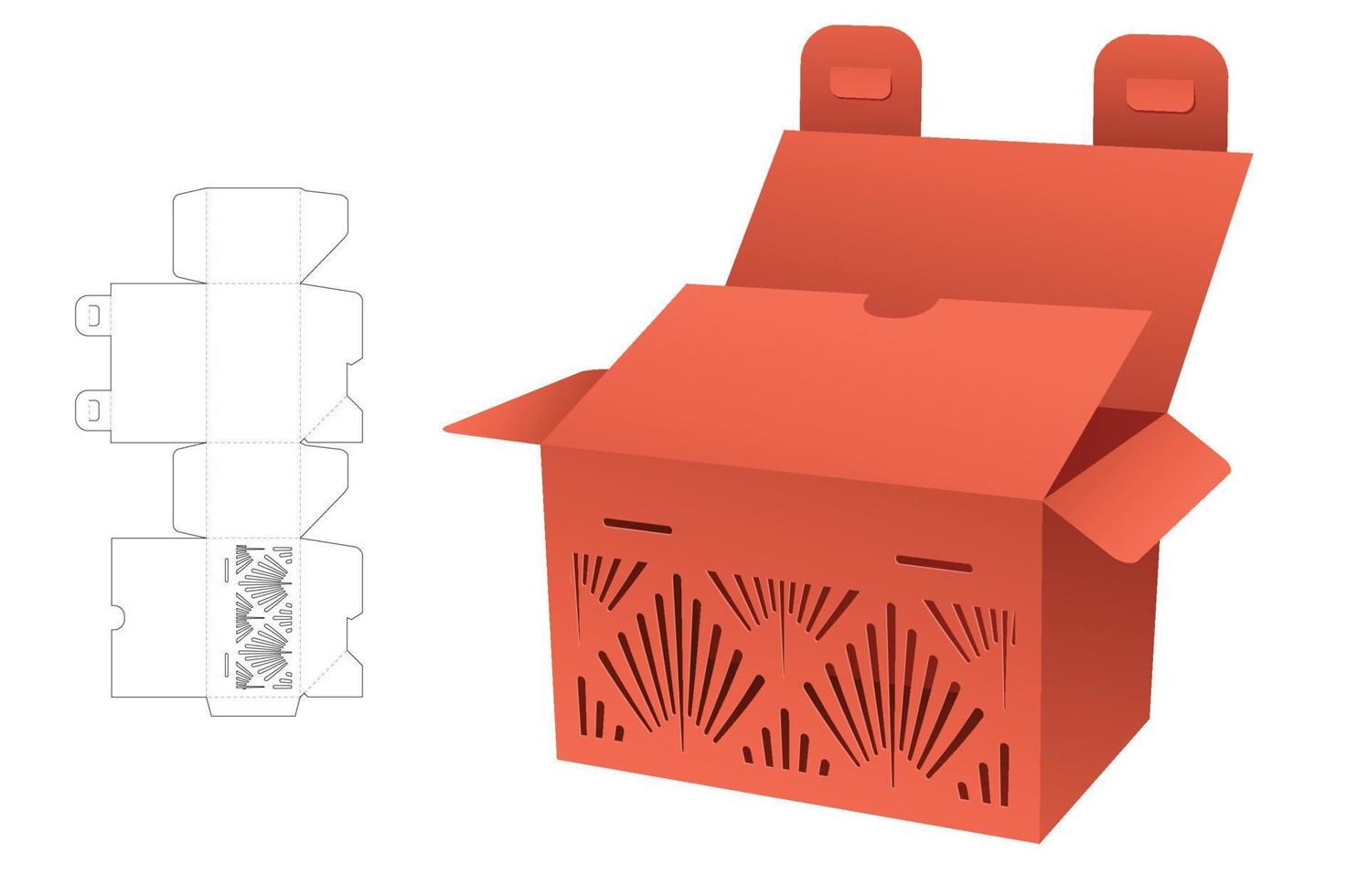 Caja de embalaje de 2 puntos con tapa y bloqueo con plantilla troquelada con patrón de rayas estampadas y maqueta 3d vector