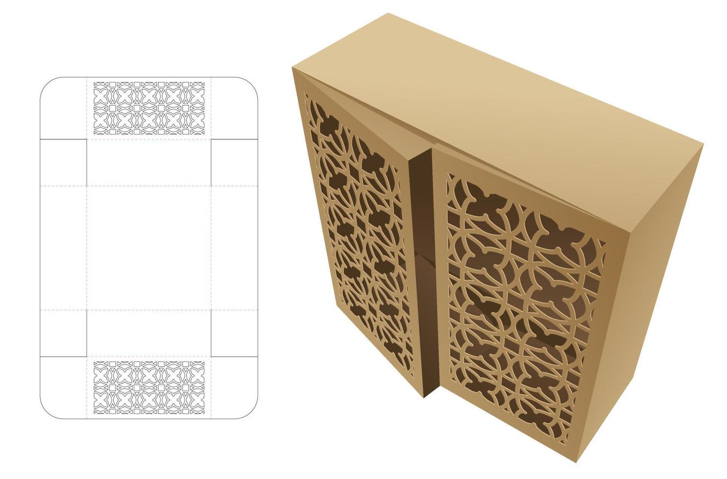 2 flaps box with stenciled luxury pattern die cut template and 3D mockup vector