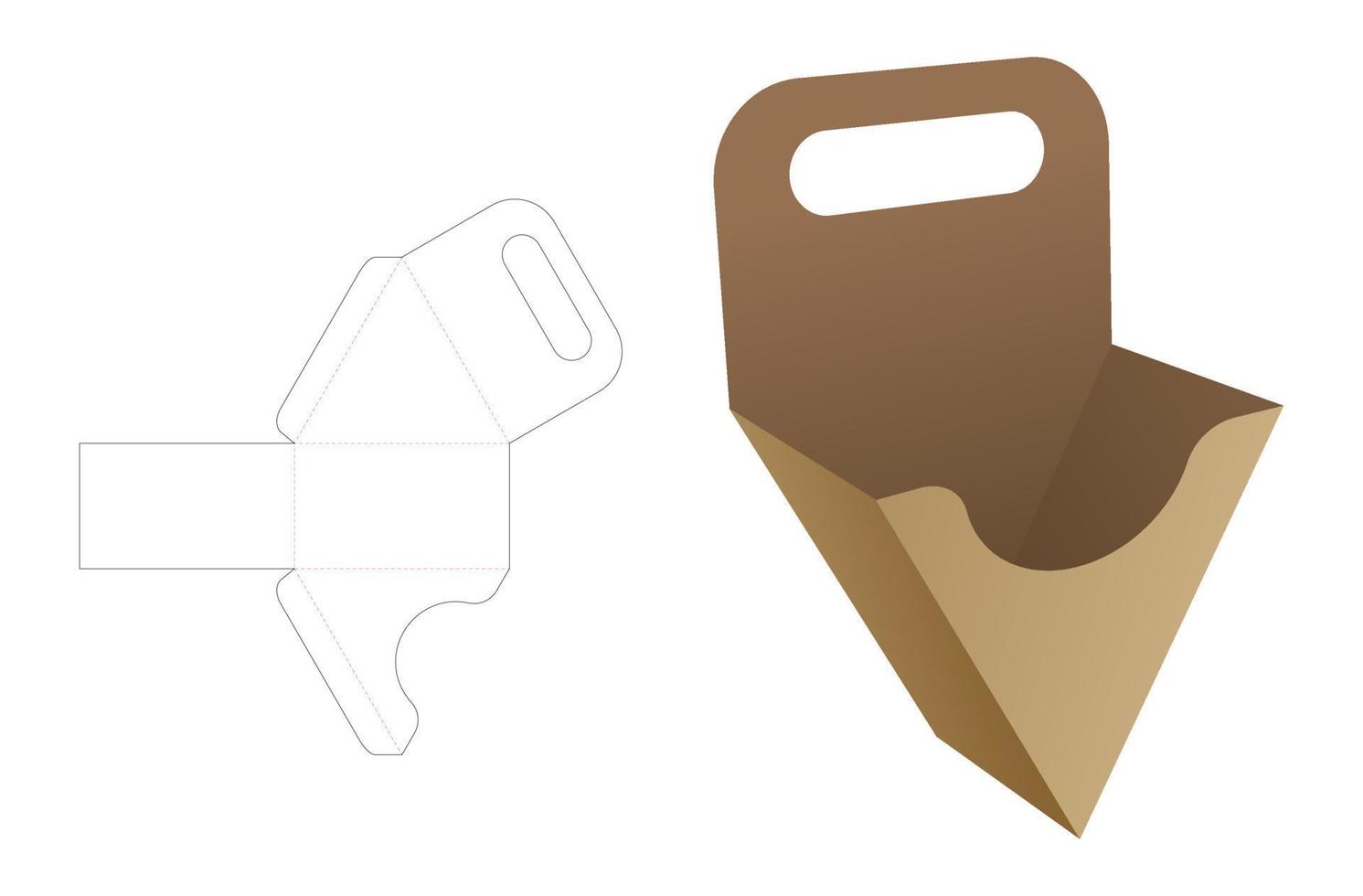 Cardboard handle french fries triangular container die cut template and 3D mockup vector