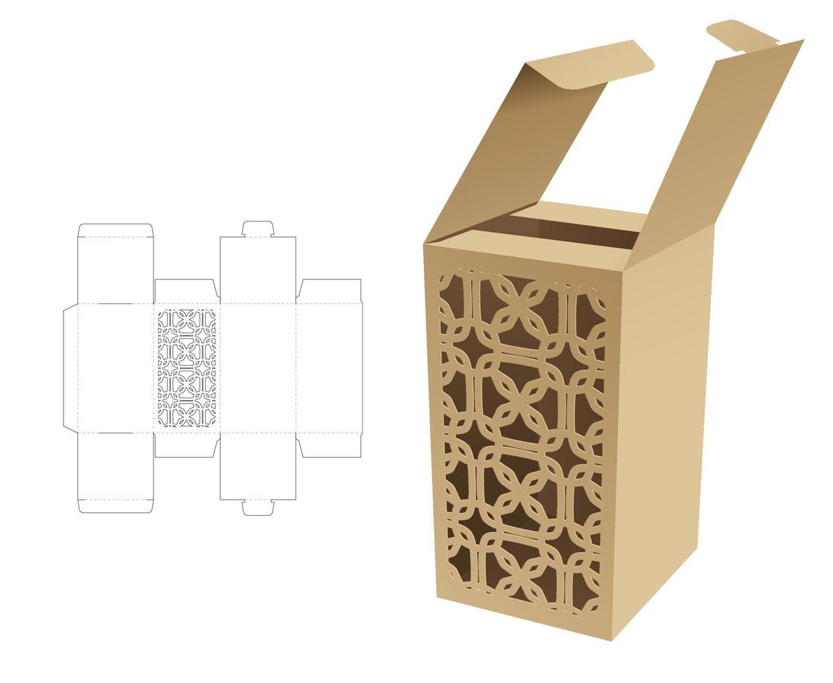 2 flips box with stenciled luxury pattern window die cut template and 3D mockup vector