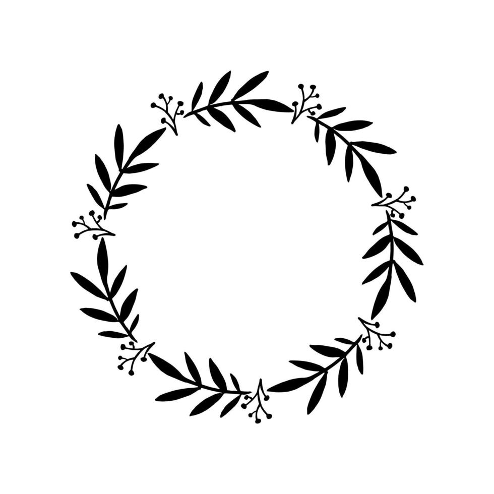 marco redondo de ramitas. Ilustración de vector de marco de ramas. adorno de círculo floral. hojas y ramas, lugar para texto. elemento de diseño para postal o pancarta