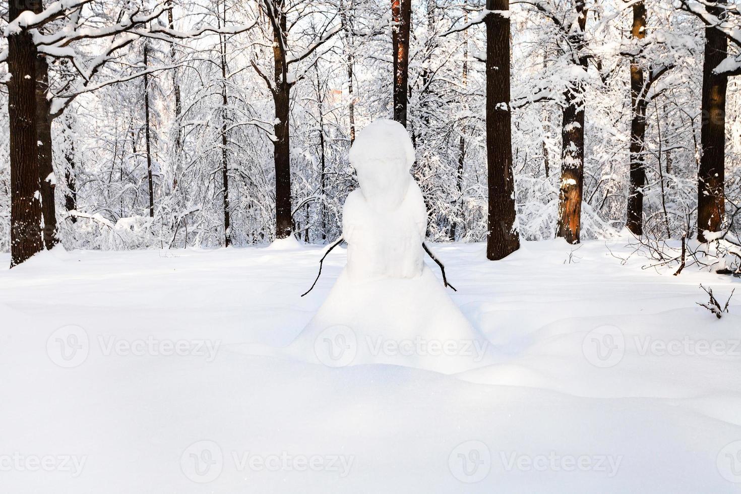 snowman on snowy meadow in forest park in winter photo