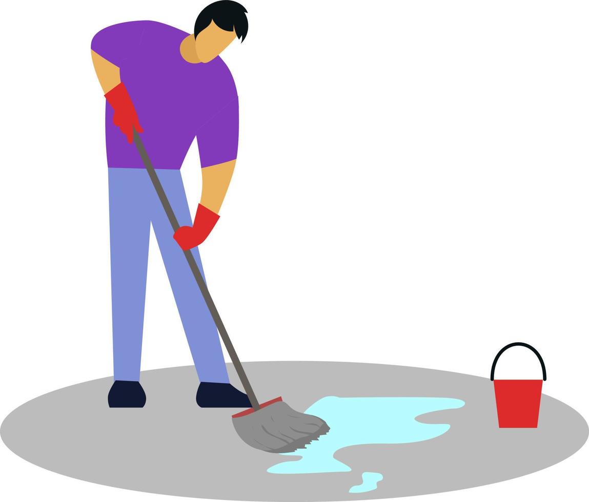 flat vector illustration, mopingfloor concept, cleaning service staff for office or industry, caution wet floor yellow sign with bucket and mop stick