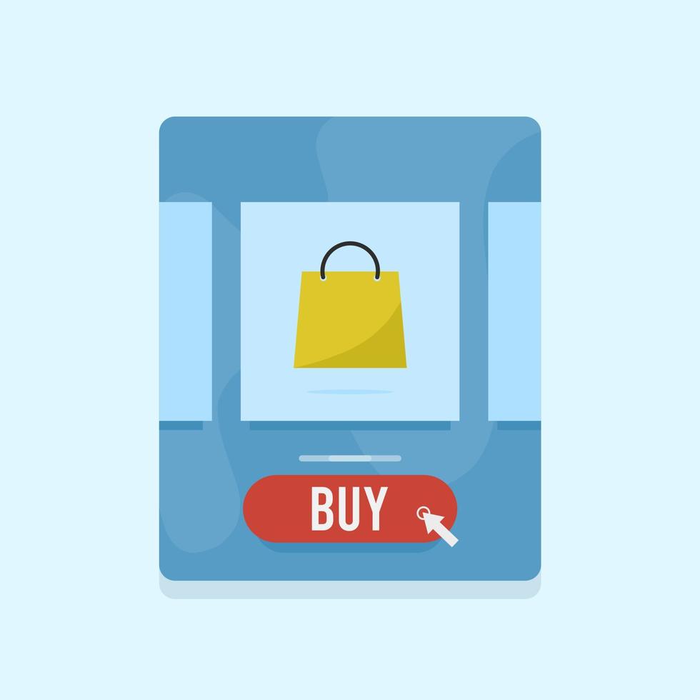 online shopping interface flat vector illustration with yellow bag symbol and buy button