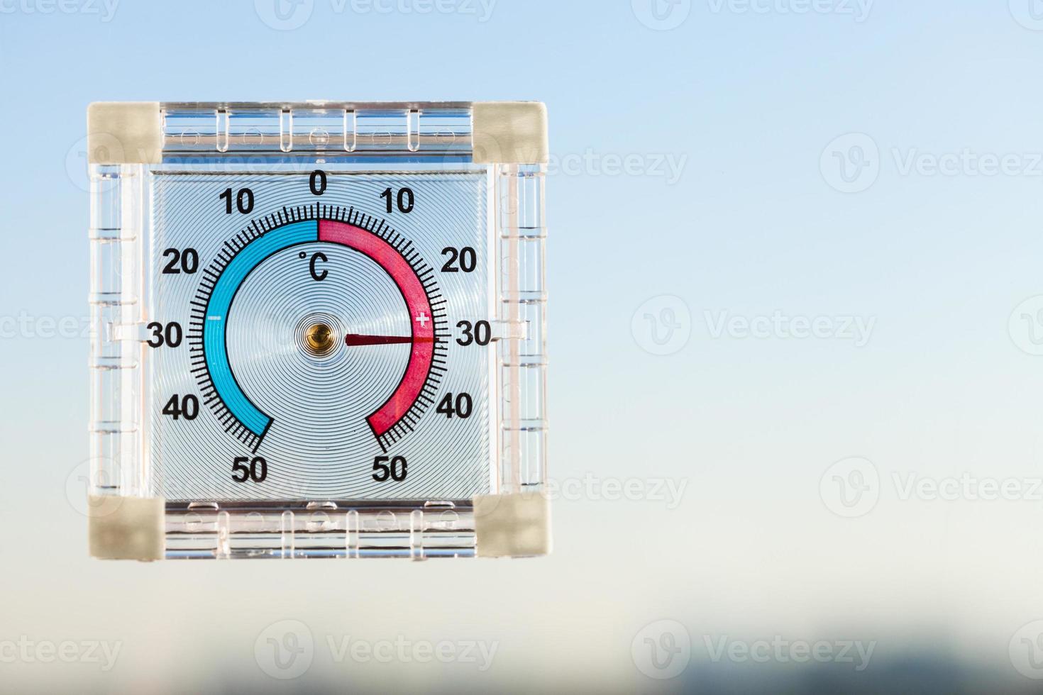 thermometer on window and blue sky in hot twilight photo