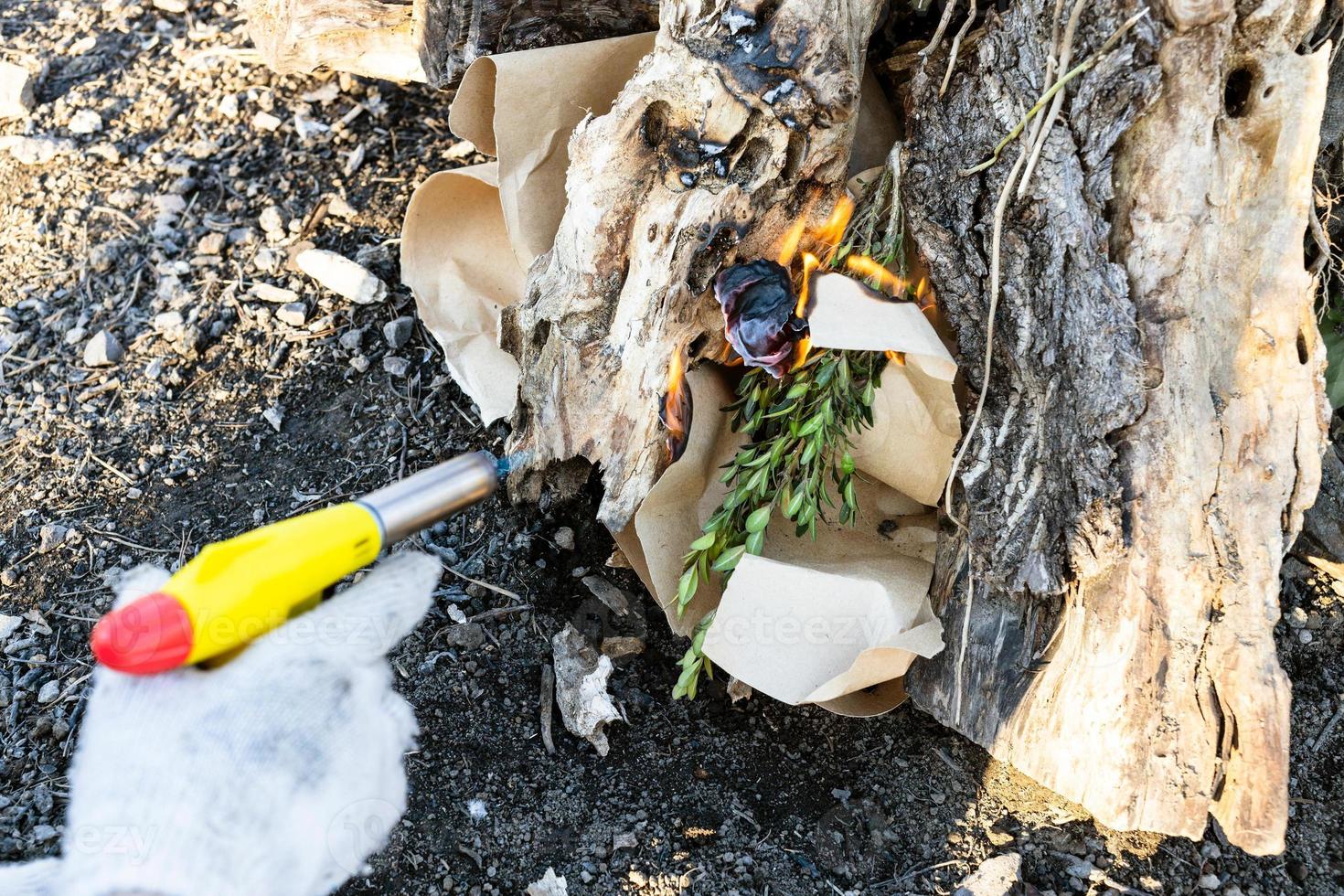 ignition of firewoods with paper and butane torch photo