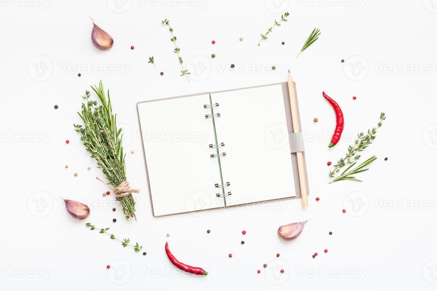 Blank notepad pages with greens herbs and spices photo