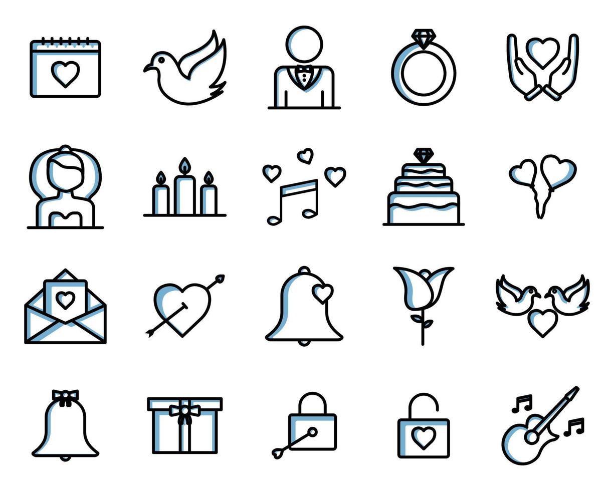 Set of icons related to wedding, party. two tone  icon style. Simple design editable vector