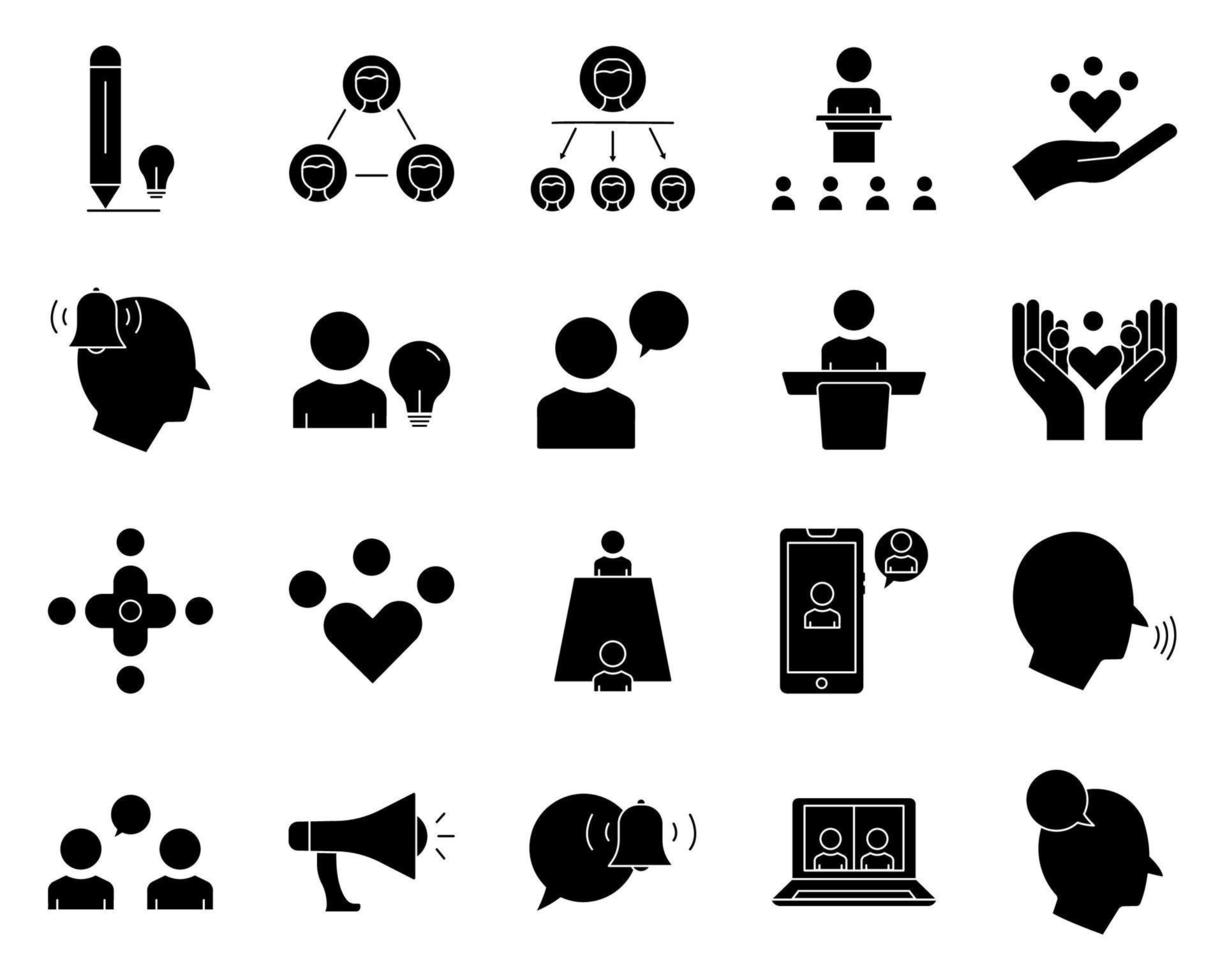 Icon set related to business. contains chat icons, people on the podium, networks, discussion, communication and others. Glyph icon style, solid. Simple design editable vector