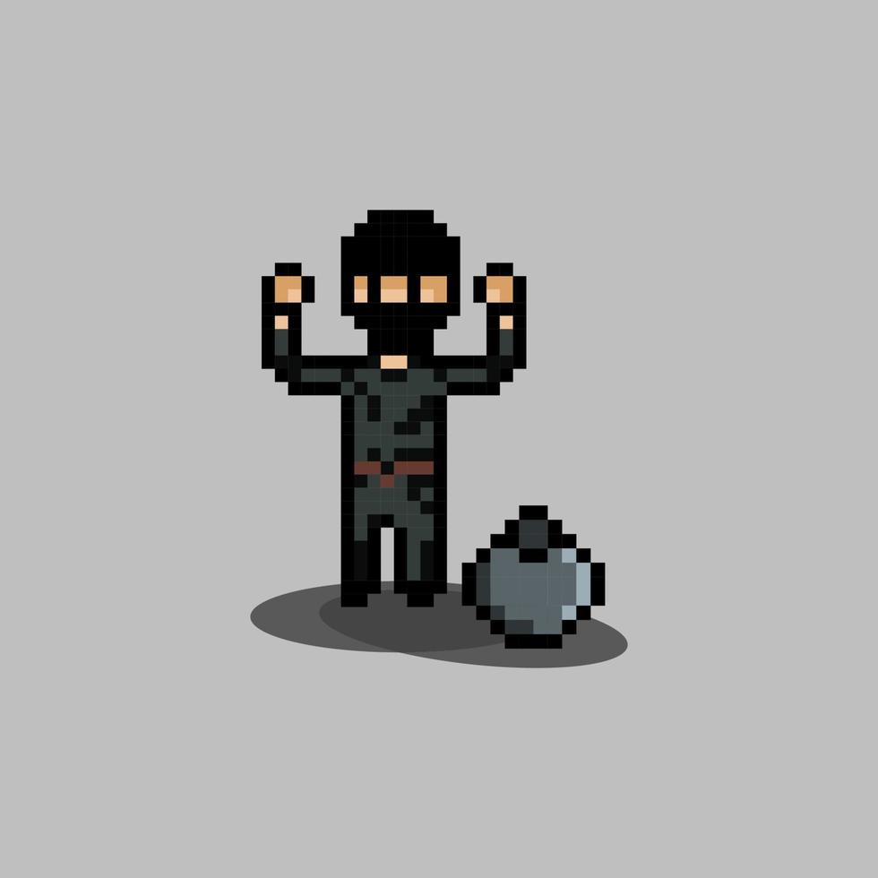 pixel art style, old videogames style, retro style 18 bit robber surrender vector