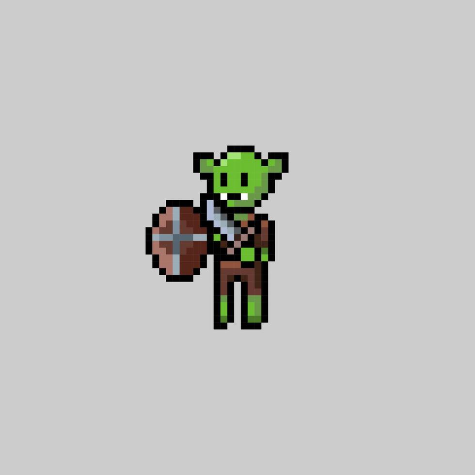 pixel art style, old videogames style, retro style 18 bit goblin with shield vector