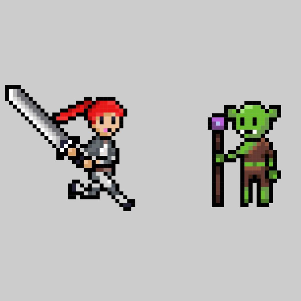 estilo de arte de píxeles, estilo de videojuegos antiguos, espadachín femenino de 18 bits de estilo retro versus vector de duende mago