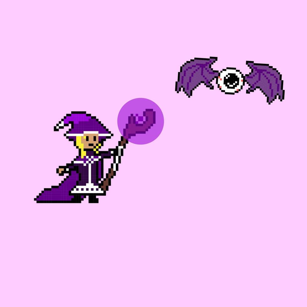 pixel art style, old videogames style, retro style 18 bit dark mage summon evil eye vector