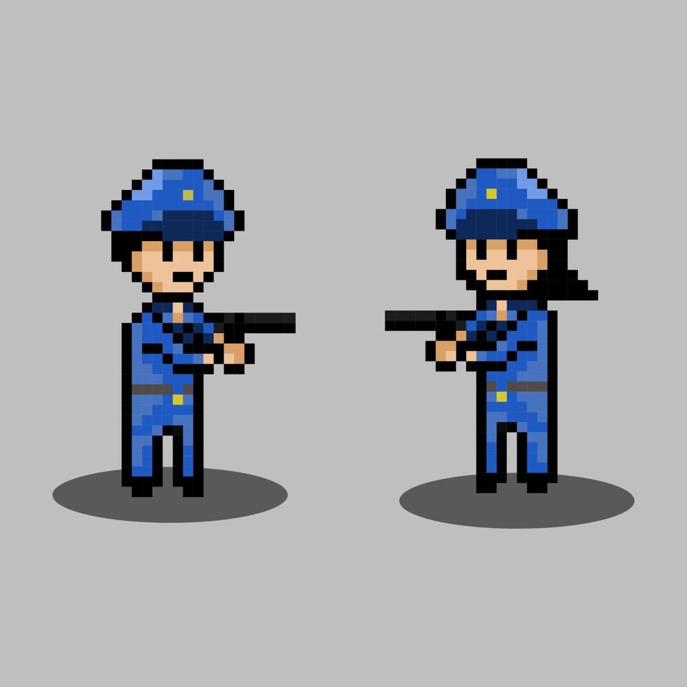 pixel art style, old videogames style, retro style 18 bit police and policewoman with gun vector