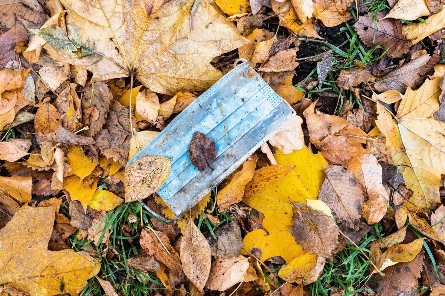 dirty used face mask in wet fallen leaves photo
