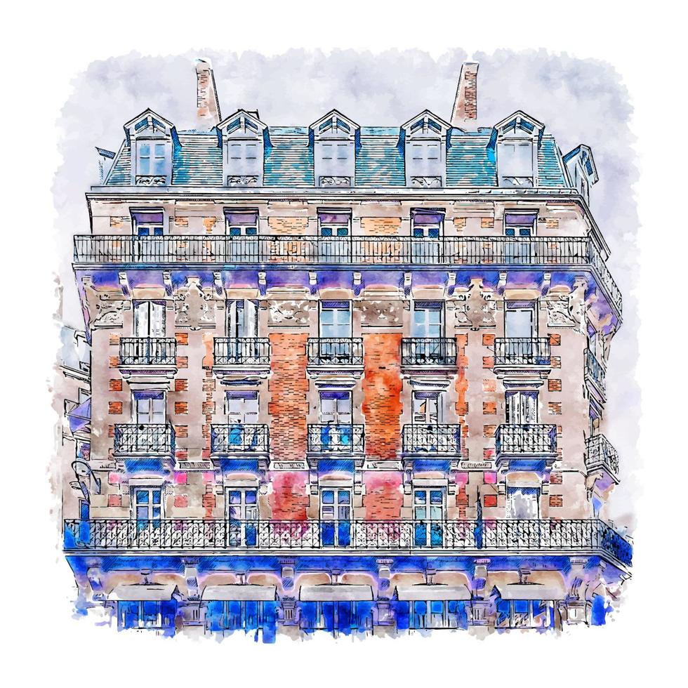 arquitectura parís francia acuarela boceto dibujado a mano ilustración vector