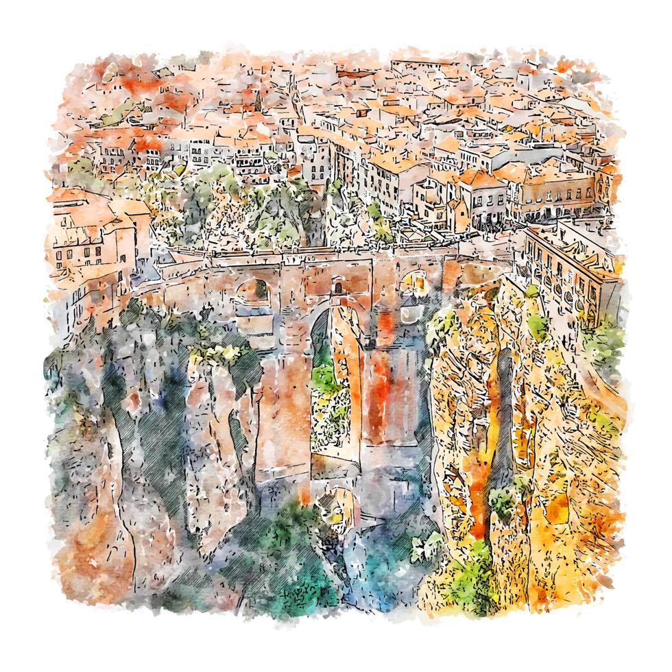 ronda andalucia españa acuarela boceto dibujado a mano ilustración vector