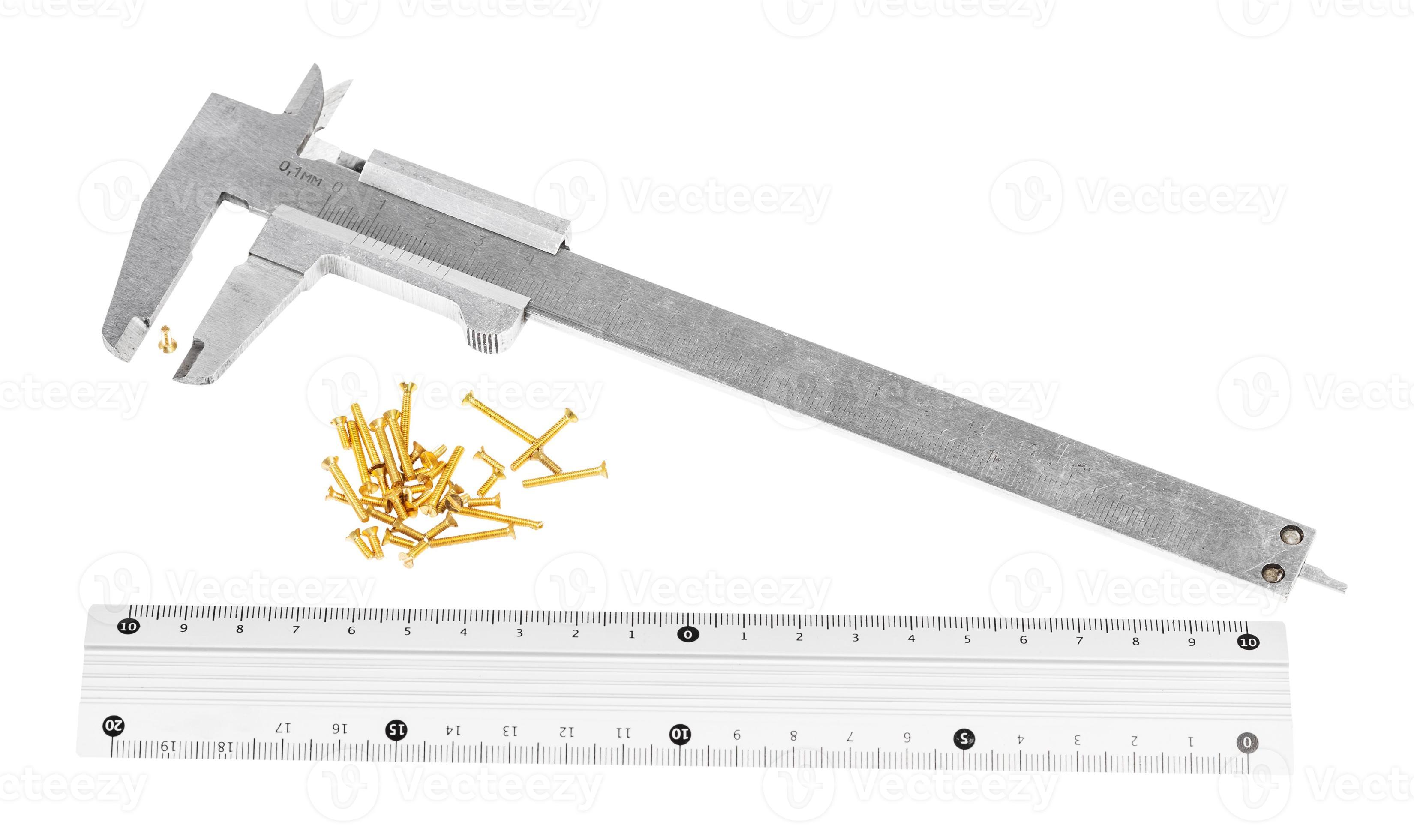 callipers, metallic ruler and lot of brass screws 11186404 Stock Photo