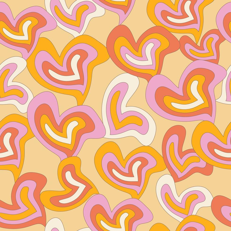 Seamless abstract pattern in the style of the 1970s. Wavy pattern with hearts. Made in white, pink, orange colors. Hand-Drawn Vector Illustration. Seventies Style, Groovy Background