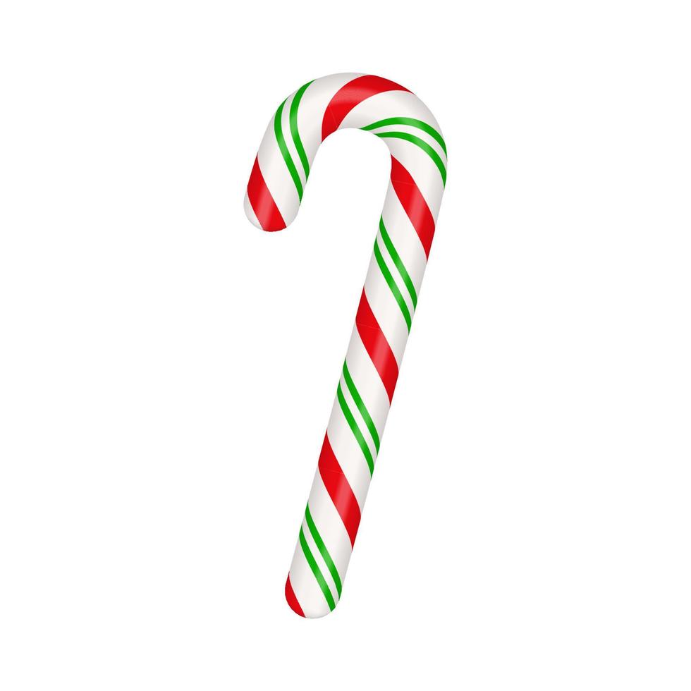 Christmas candy cane. Christmas stick. Traditional xmas candy with red, green and white stripes. Santa caramel cane with striped pattern. Vector illustration isolated on white background