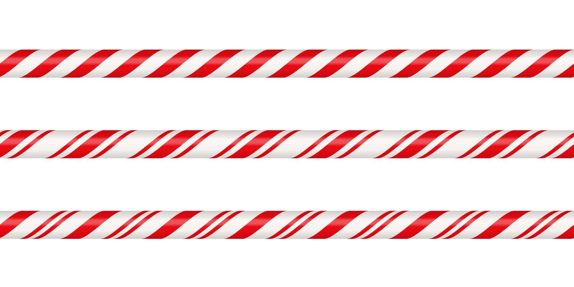 Christmas candy cane straight line border with red and white striped. Xmas seamless line with striped candy lollipop pattern. Christmas element. Vector illustration isolated on white background