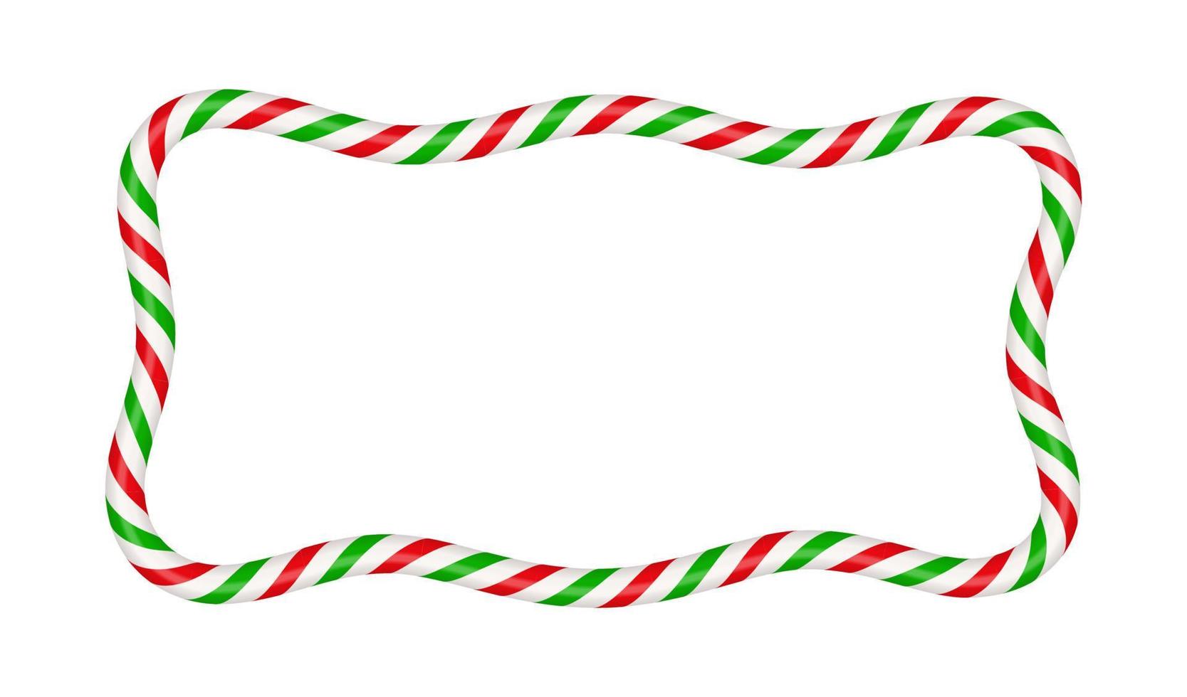 Christmas candy cane rectangle frame with red and green stripe. Xmas border with striped candy lollipop pattern. Blank christmas and new year template. Vector illustration isolate on white background