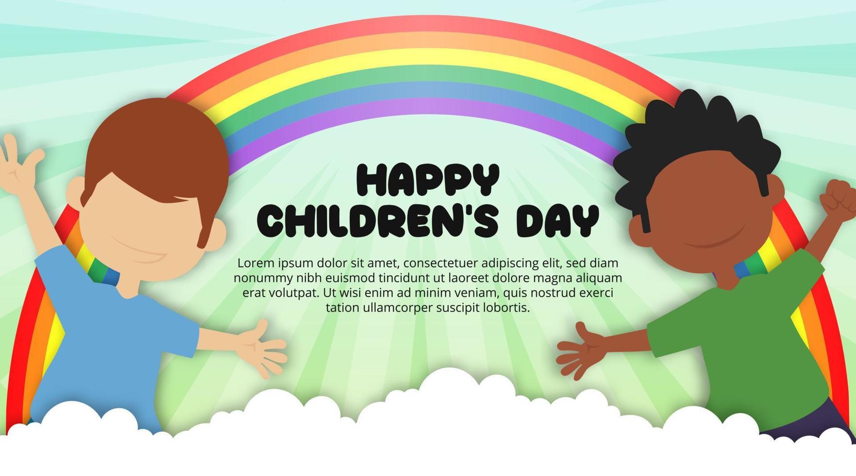 Happy childrens day background with happy children under a rainbow vector