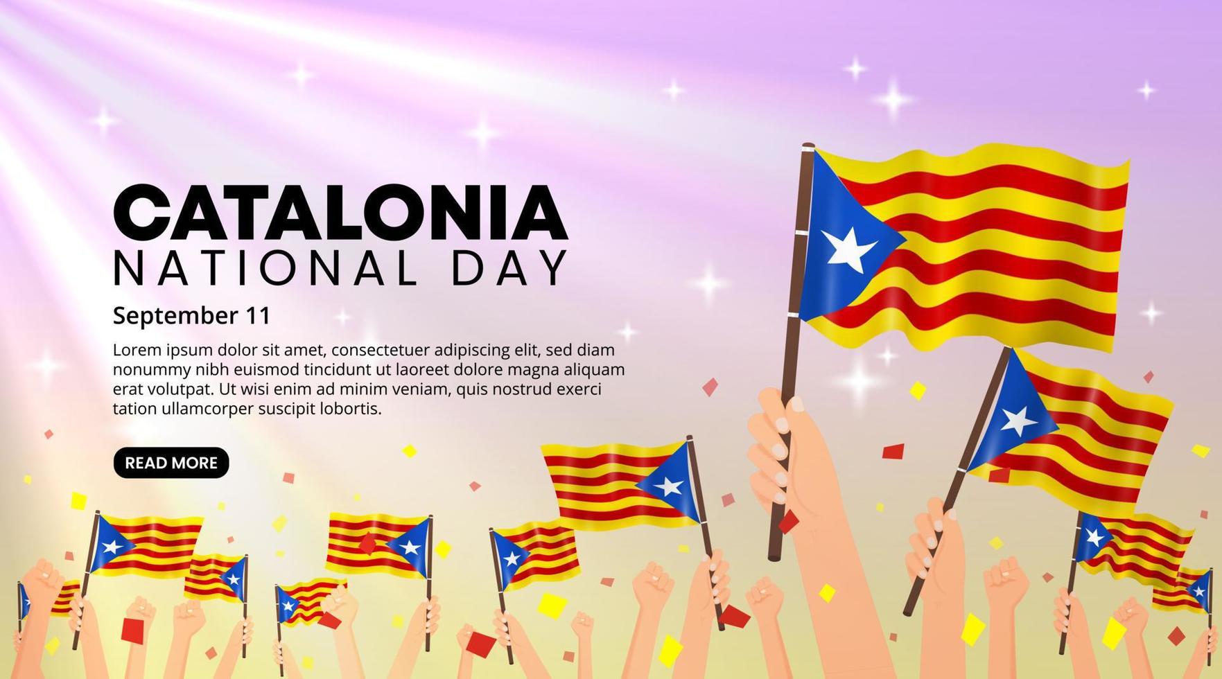 Catalonia national day background with waving flags and raised hands vector