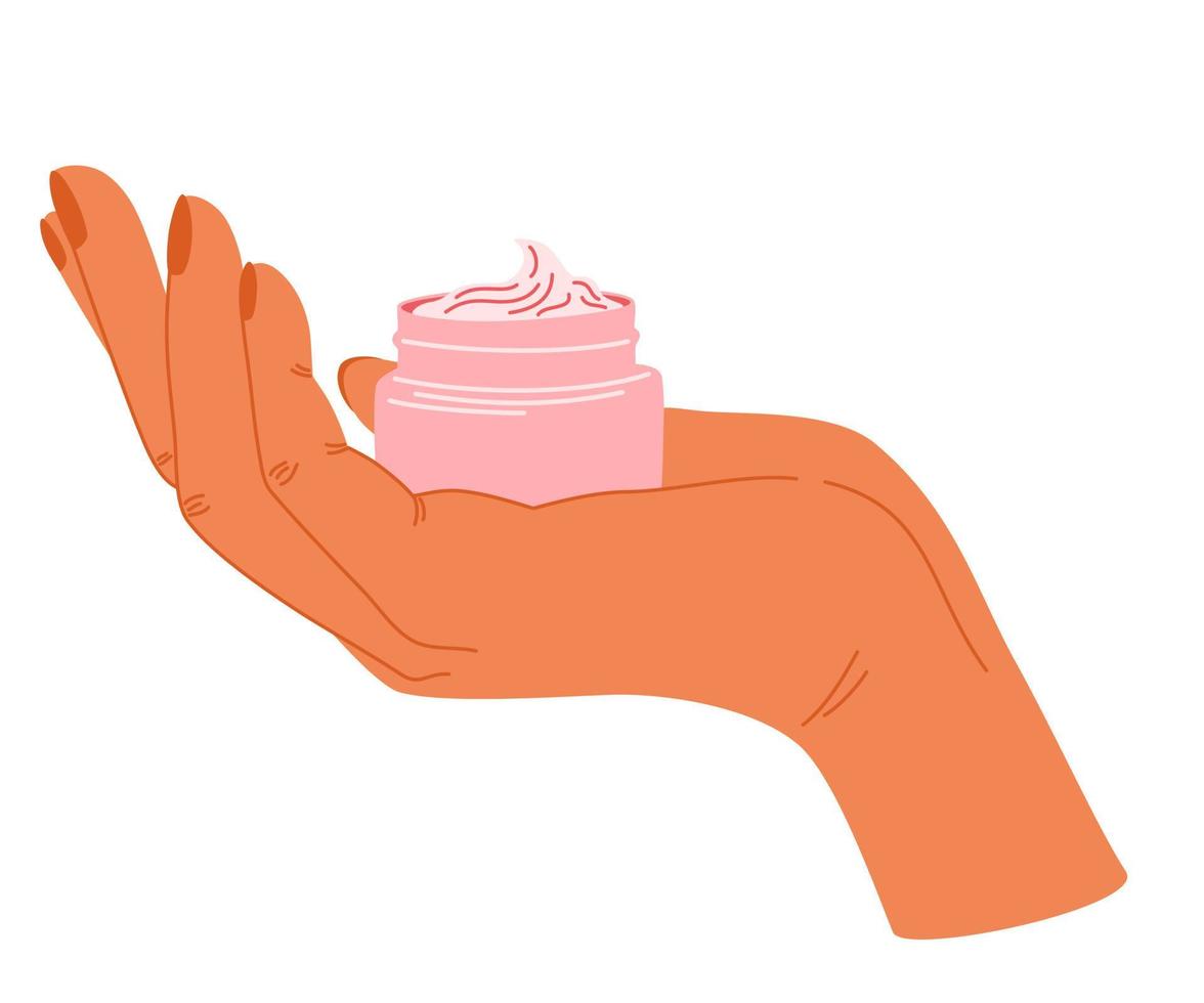 Women's hands holding cream. Cosmetic product. Washing milk, body and face cream. Facial massage. Daily skin care routine and hygiene concept. Vector illustration