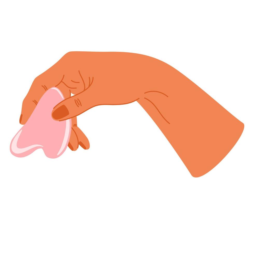 Women's hands holding cosmetic product. Quartz face roller, gua sha scraper. Facial massage. Daily skin care routine and hygiene concept. Vector illustration