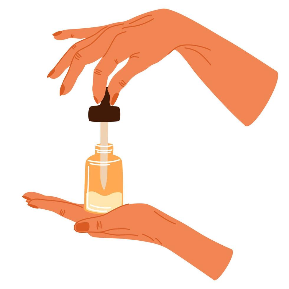 Women's hands holding cosmetic product. In the hand of a pipette from a jar with Beauty product. Facial massage. Daily skin care routine and hygiene concept. Vector illustration