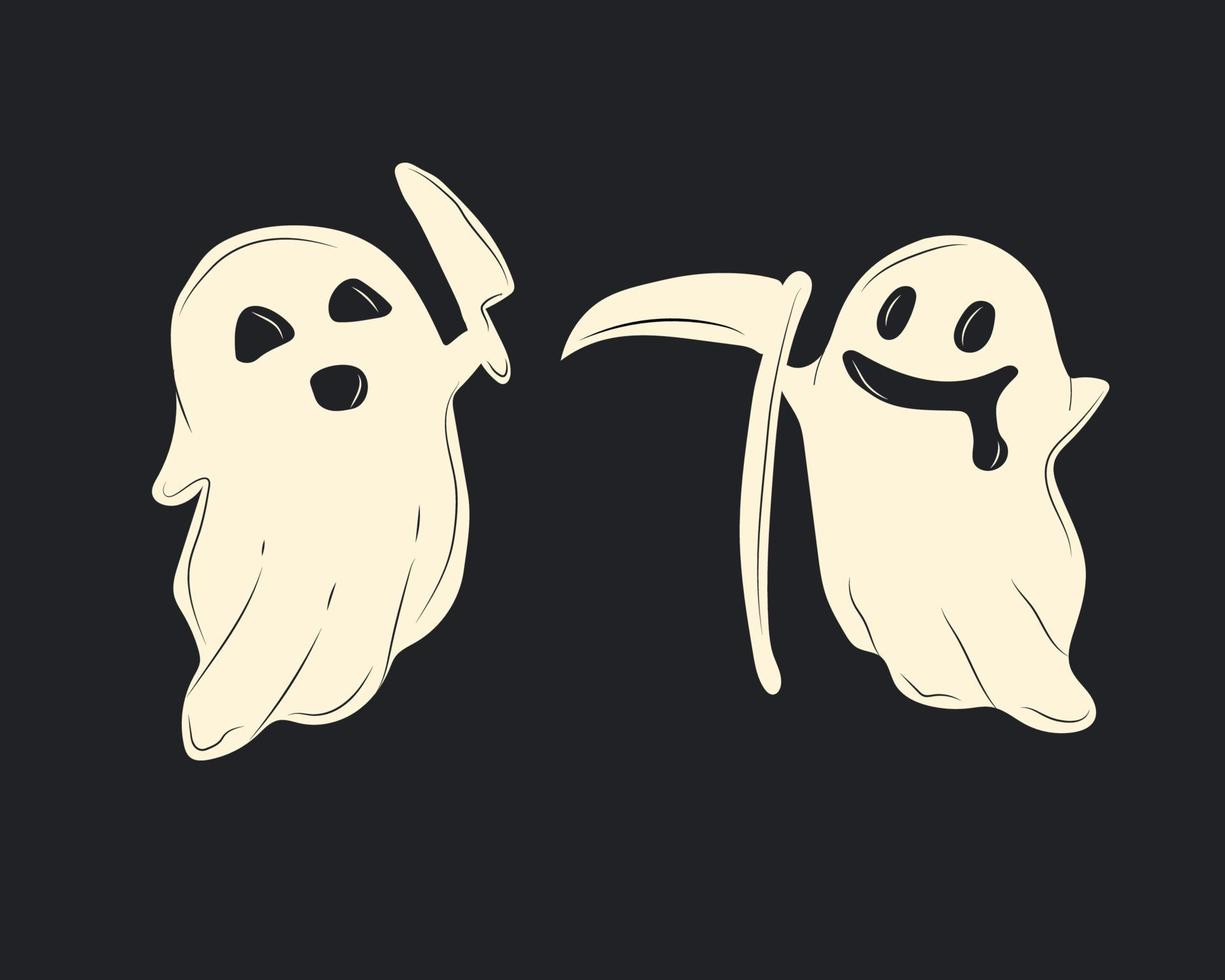 dibujos animados de fantasmas de halloween con un cuchillo y una guadaña. caras graciosas. vector en estilo de dibujos animados. todos los elementos están aislados