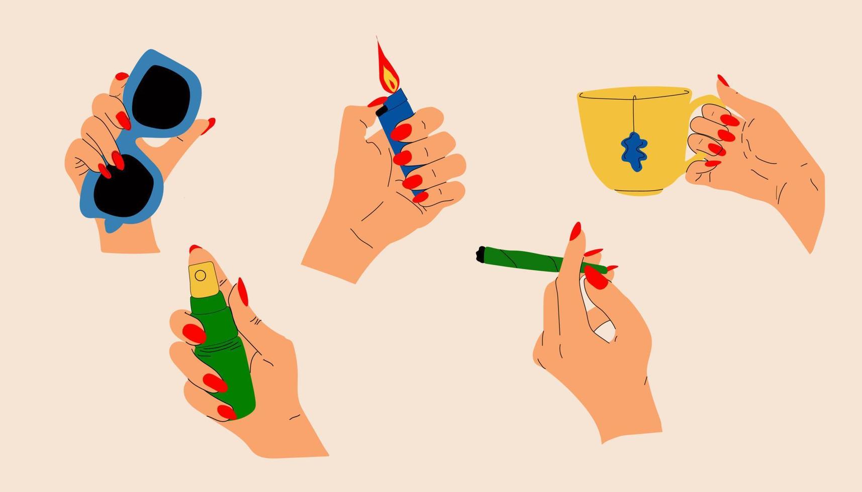 Big set of Colorful Hands holding stuff. Different gestures. Hands with cup, cigarette lighter, glasses, cigarette , etc. Hand drawn Vector illustration. All elements are isolated