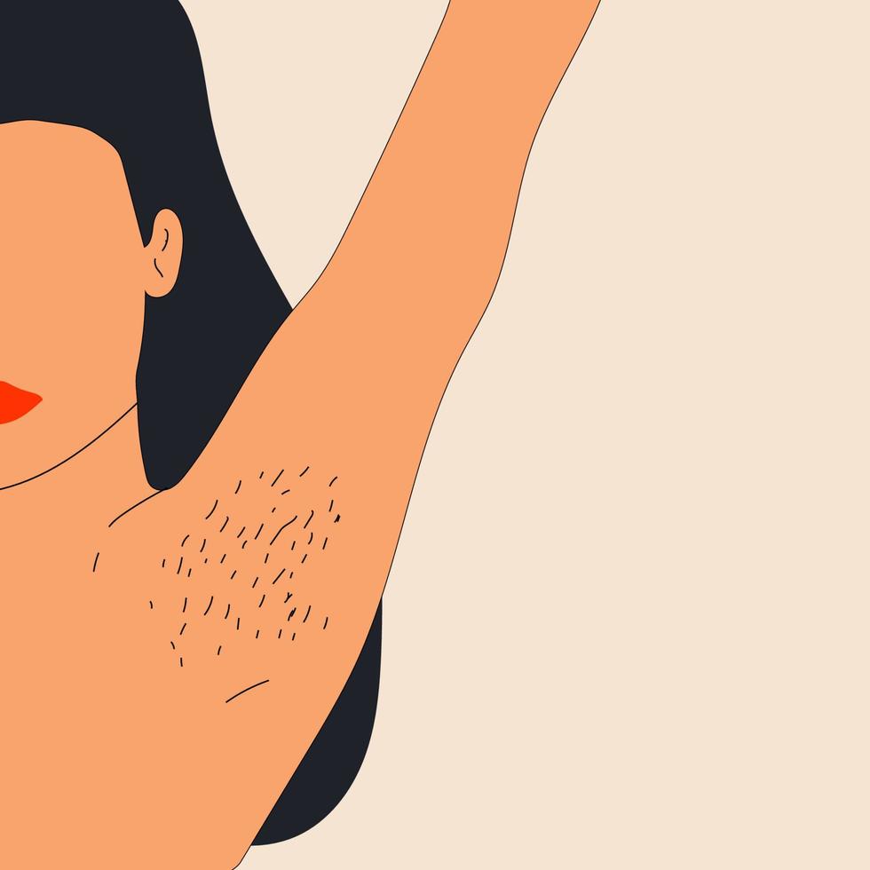 Vector illustration of the head and shoulders of a woman with her arm raised to show the hairs in her armpit, often used as a feminist protest about women shaving