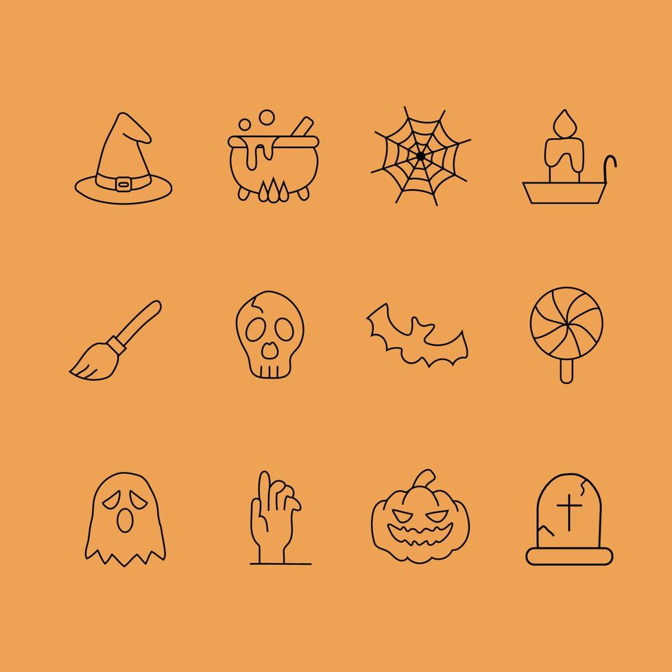 Halloween icons on an orange background. Vector set . All elements are isolated