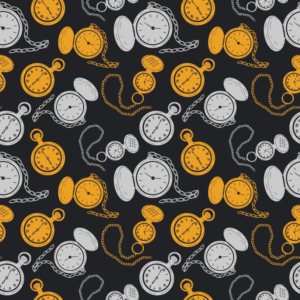 Seamless pattern with set of pocket watches in silver and gold. Vector in cartoon style.