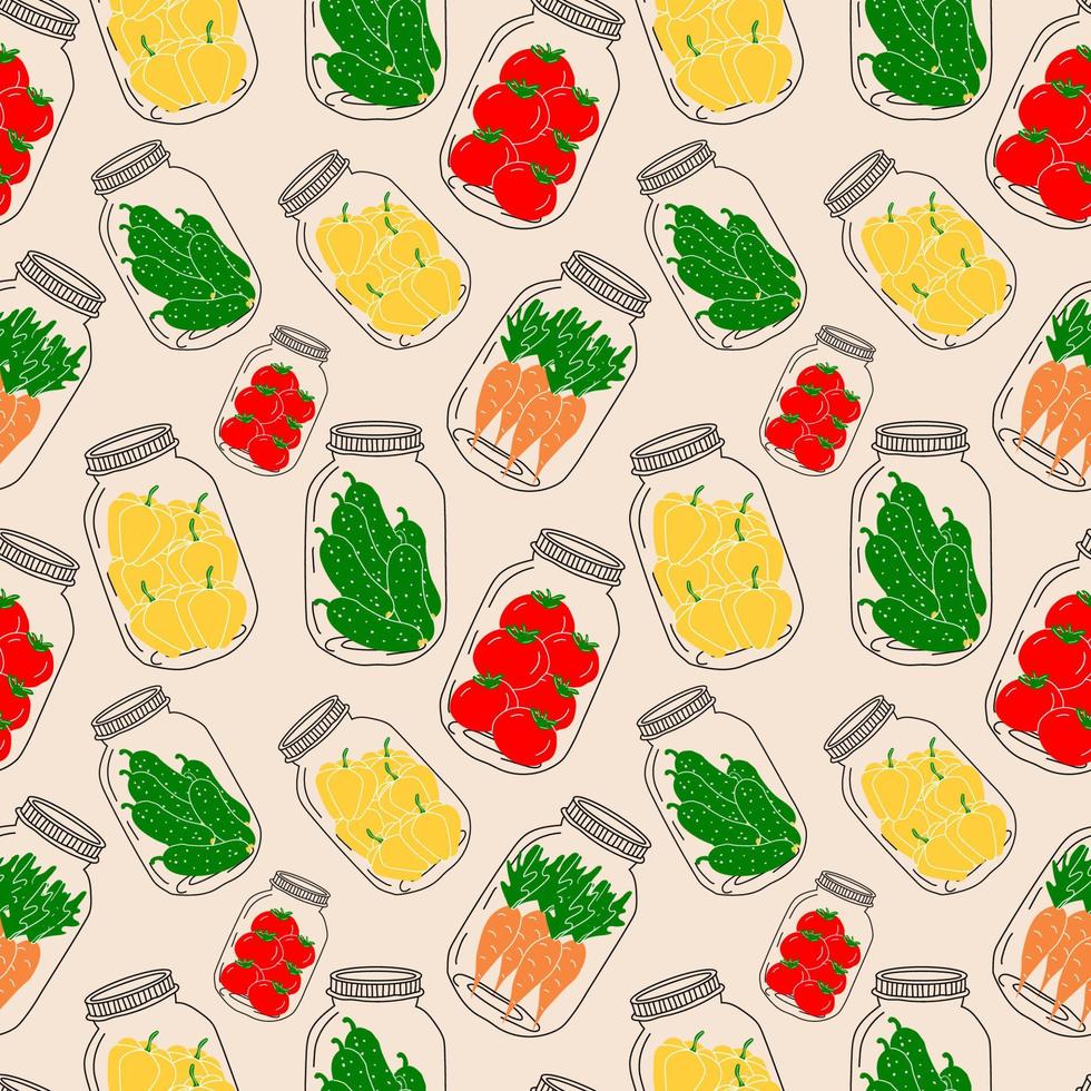 Seamless pattern with set of jars with vegetables. Vector in cartoon style
