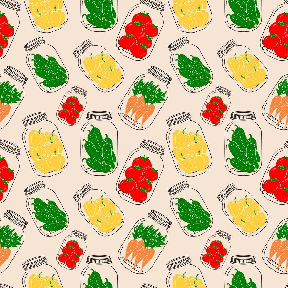 Seamless pattern with set of jars with vegetables. Vector in cartoon style