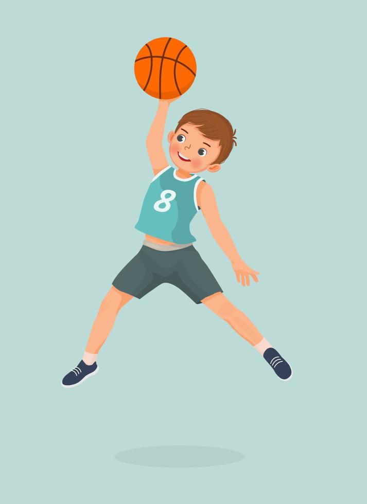 Cute little boy jumping high with basketball making slam dunk in action shooting the ball vector