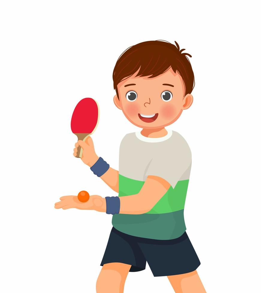 lindo niño jugando tenis de mesa en posición de servicio listo para golpear la pelota de ping pong con paleta vector