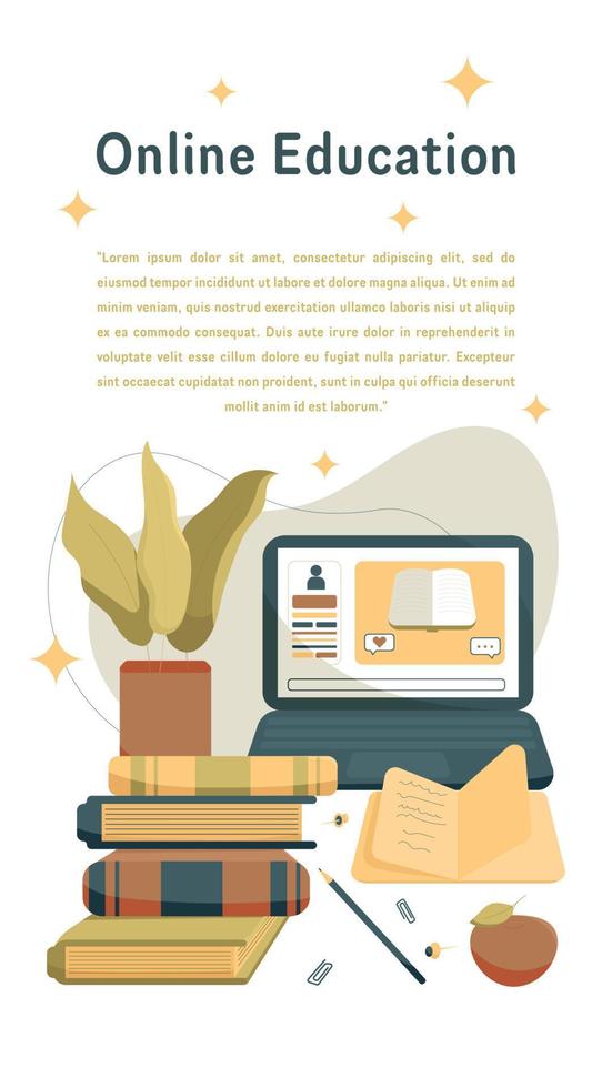 Online Education Vertical Banner With Computer, Books, Home Plant, Apple and Other Objects. Perfect for Websites, Social Media, Printed Materials, etc. vector