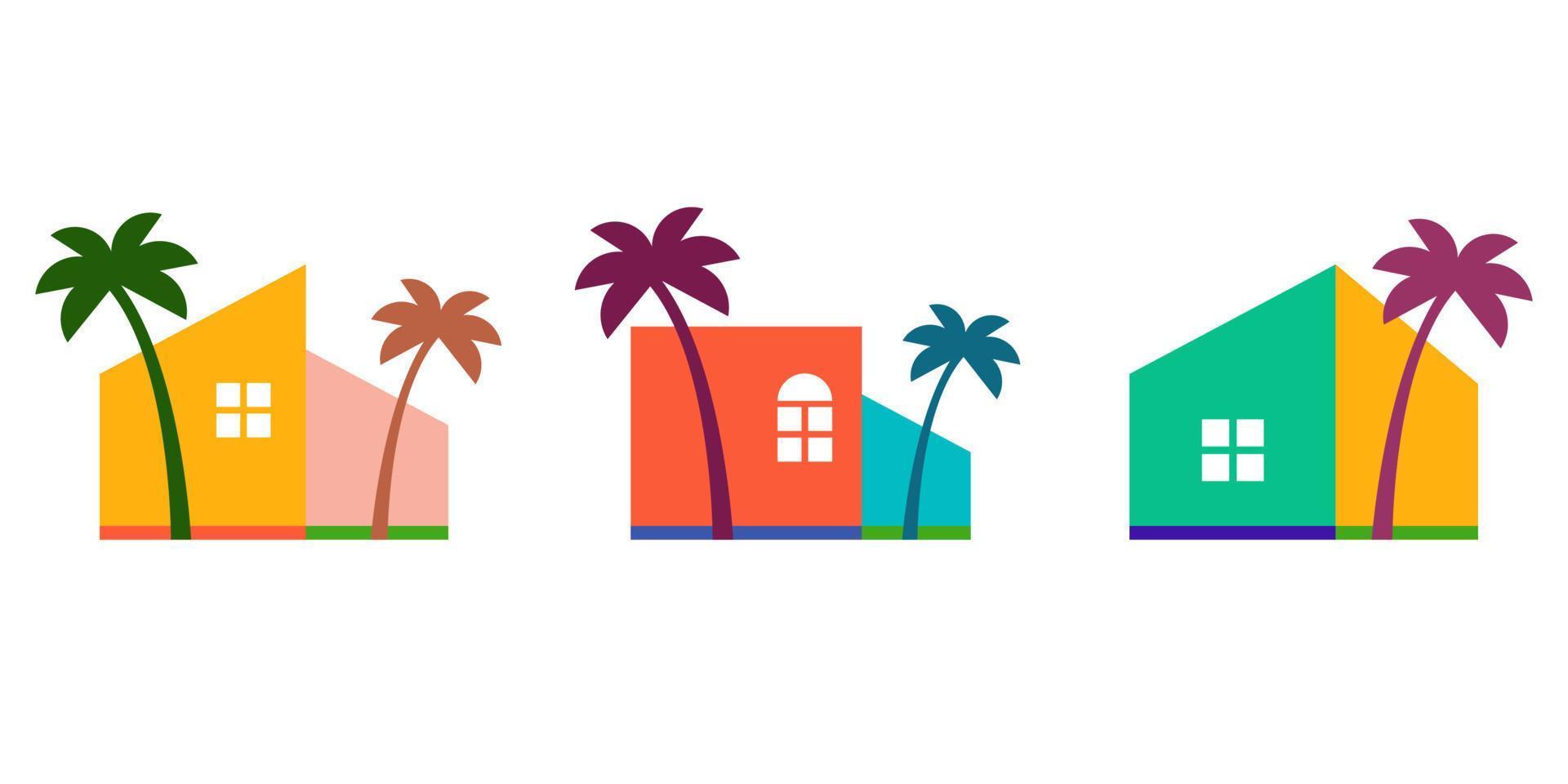 Set of colorful tropical house logo. house with palm tree logo vector, hawaii tropical beach home or hotel icon design illustration vector