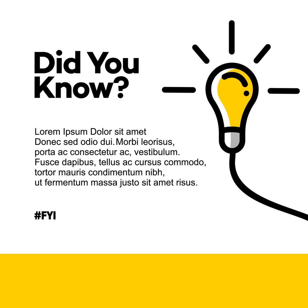 Did you know vector with hanging light bulb lamp.information template post for social media background, fun fact blank template fyi vector with lightbulb idea and cable symbol element