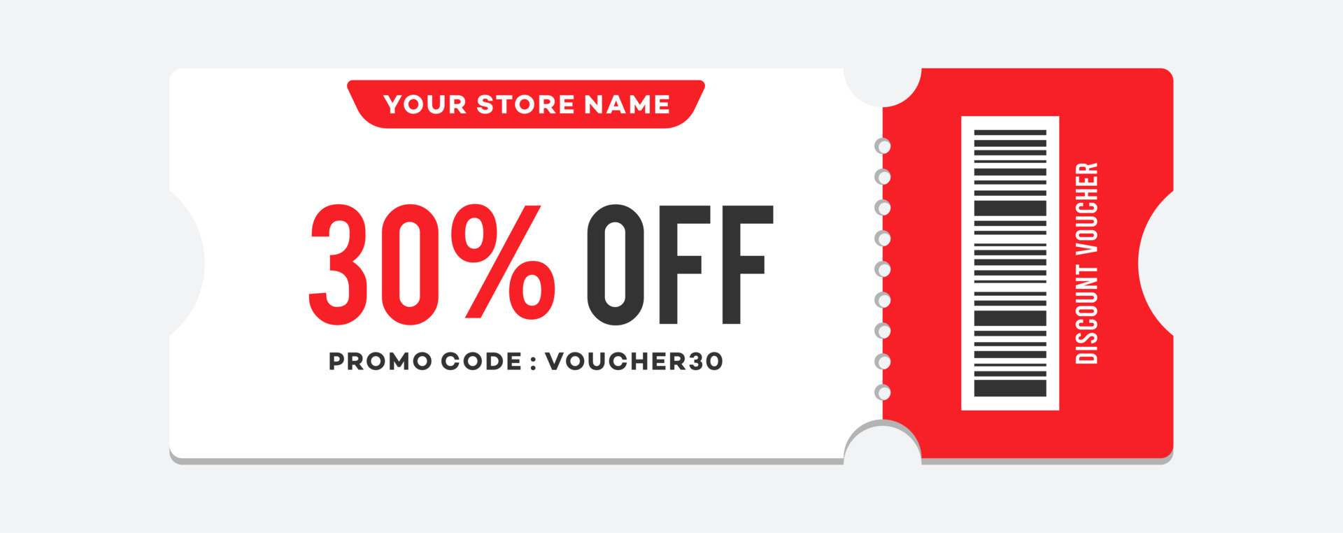 Discount voucher 30 percent vector, gift coupon template. White coupon