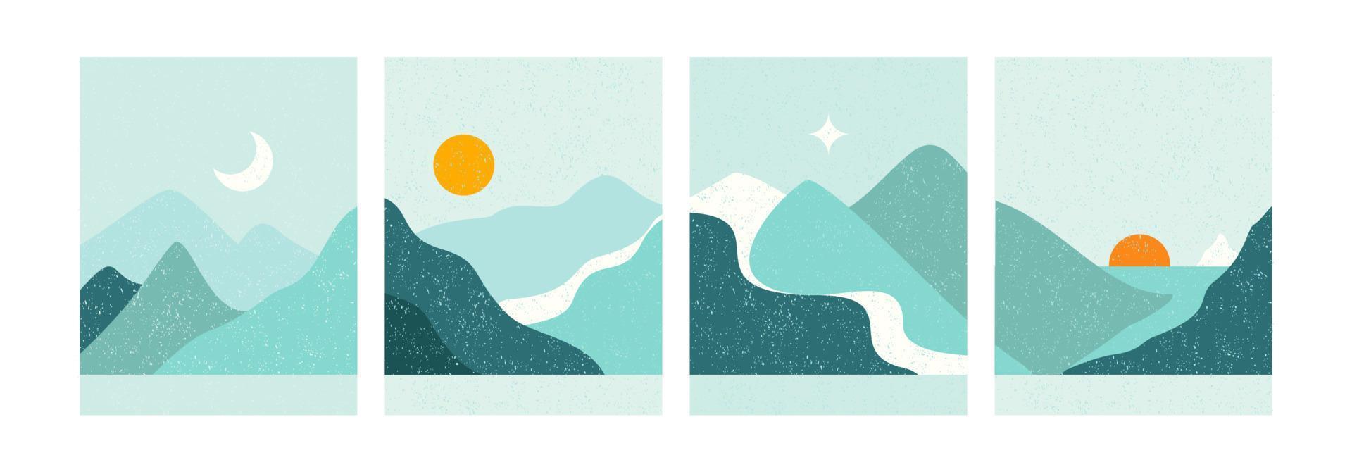 Ilustración de vector de montaña de invierno abstracto. conjunto de paisaje de diseño minimalista plano abstracto. temporada de nieve fría de invierno. Arte de papel tapiz gráfico de naturaleza vintage.