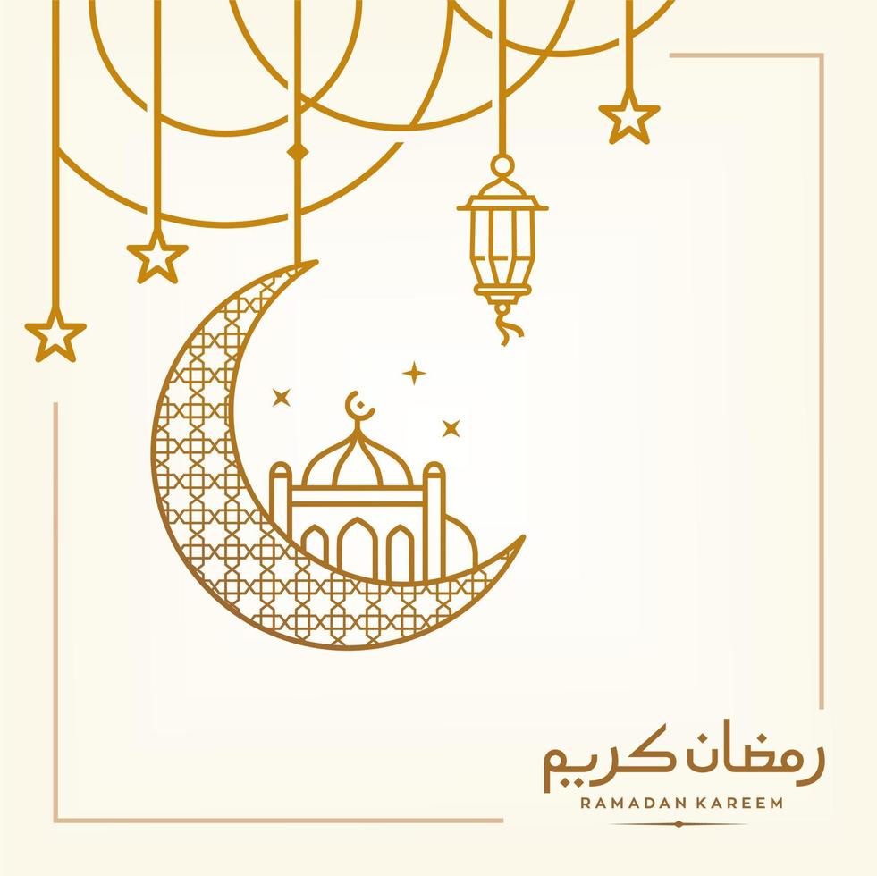 ramadan Kareem, Eid Mubarak Greeting Line icon minimal and simple vector design with beautiful Glowing Lantern and elegant crescent moon star for background and Banner