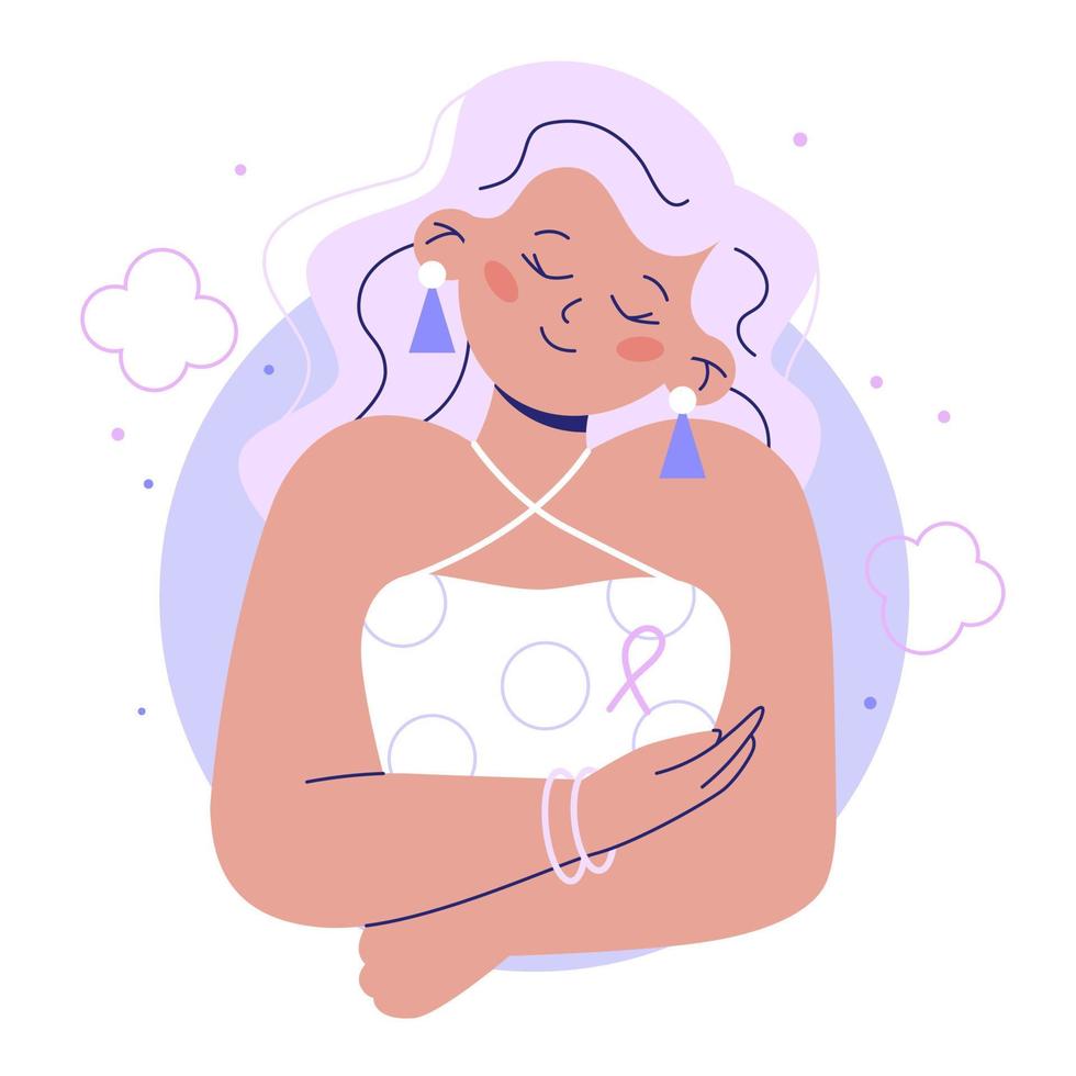 Breast Cancer woman character. Woman with pink ribbon takes care of herself. Flat vector modern illustration.