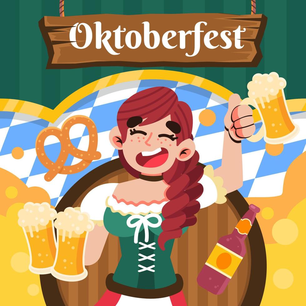 mujer celebrando el oktoberfest con cerveza vector