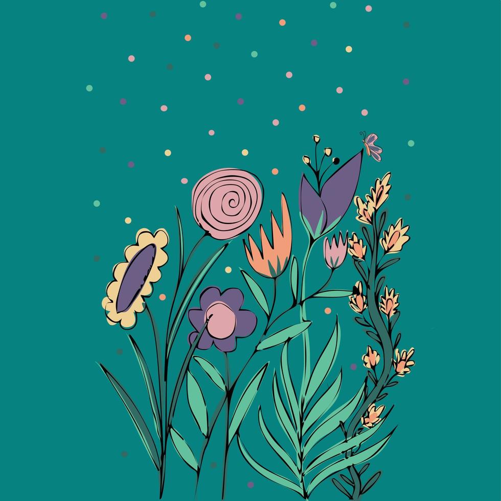 flores de primavera y mariposa - arte en estilo de dibujo a mano. humor de primavera. fondo vectorial para tela, textil, papel pintado, afiche, sitio web, tarjeta, papel de regalo vector