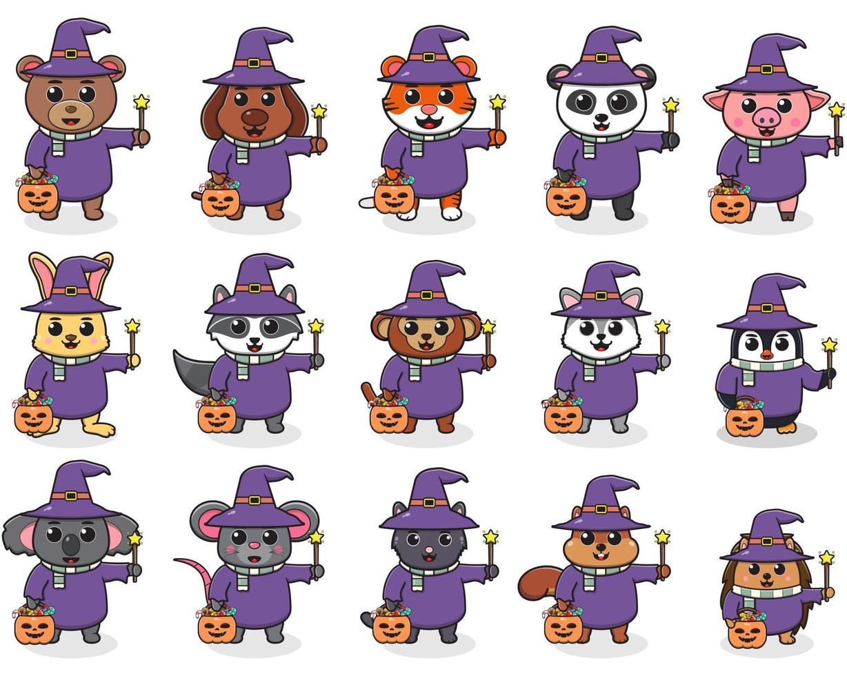 Cute Character Animal Cartoon with wizard costume. Halloween holiday cute animals in costumes set. Vector illustration.